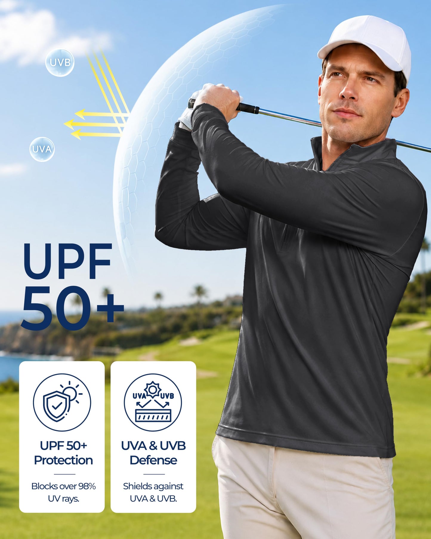 Boladeci Men's UPF 50+ Sun Shirts 1/4 Zip Long Sleeve SPF UV Protection Lightweight Quick Dry Quarter Zip Golf Shirts Black