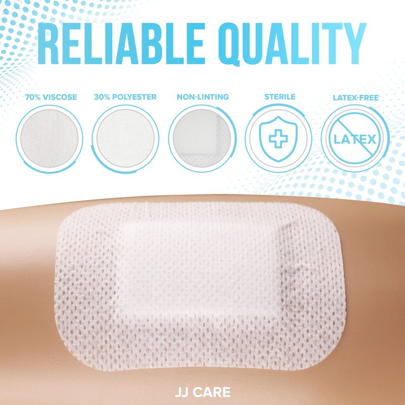 JJ CARE Adhesive Island Dressing [Pack of 100], 3x4 Sterile Bordered Gauze, Breathable Island Wound Dressing, Individually Wrapped Adhesive Gauze Bandages with Non-Stick Central Pad