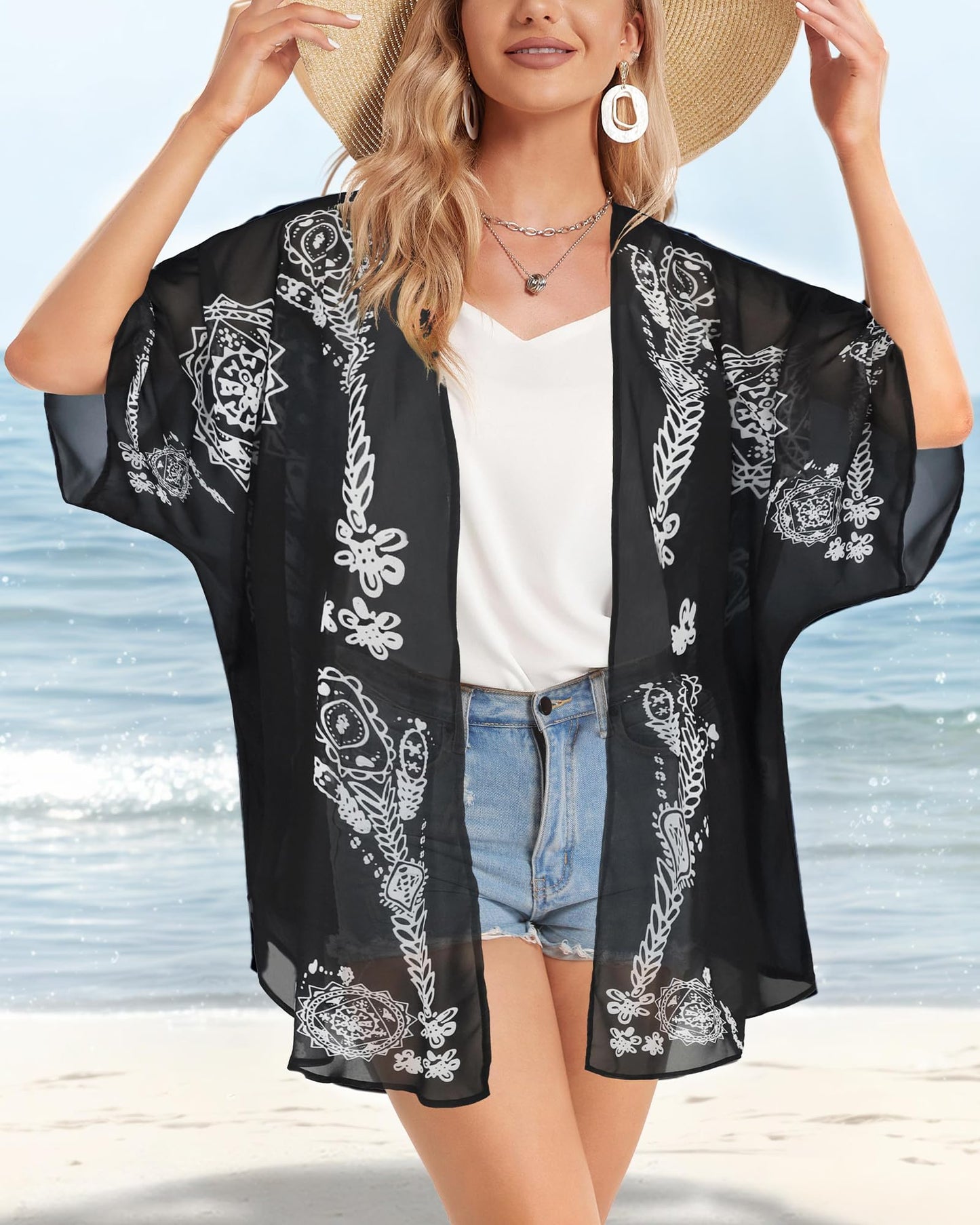 Women's Floral Kimono Cardigan Cover Up Casual Tops,Caftan Black,XL