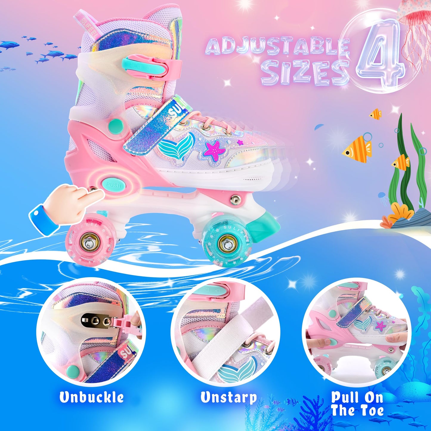SULIFEEL Roller Skates for Girls Kids with Light Up Wheels, Adjustable 4 Sizes for Little Kids Toddler Beginner Rollerskates