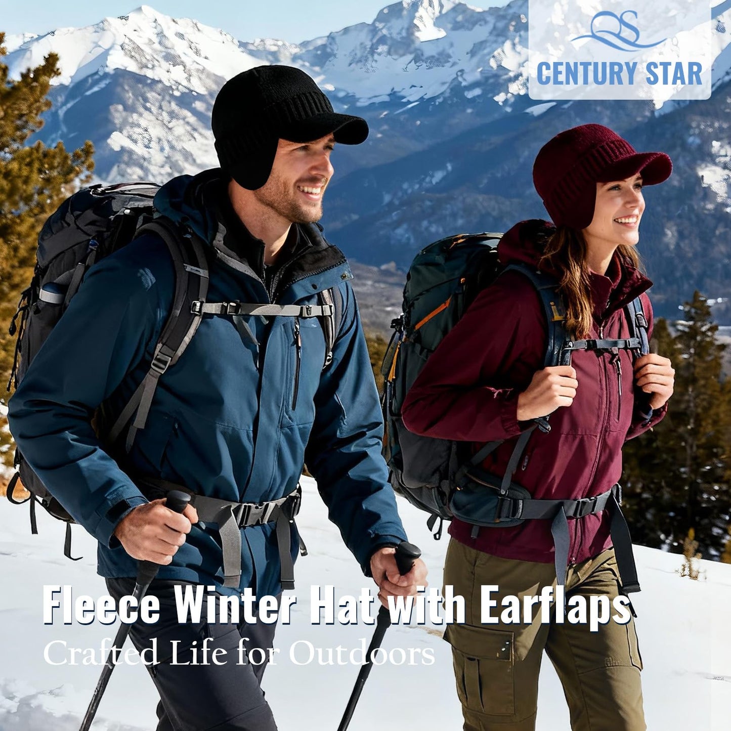 Century Star Mens Winter Hat with Visor & Earflaps,Outdoor Elastic Warm Knitted Fleece Sport Golf Baseball Beanie Cap Black One Size
