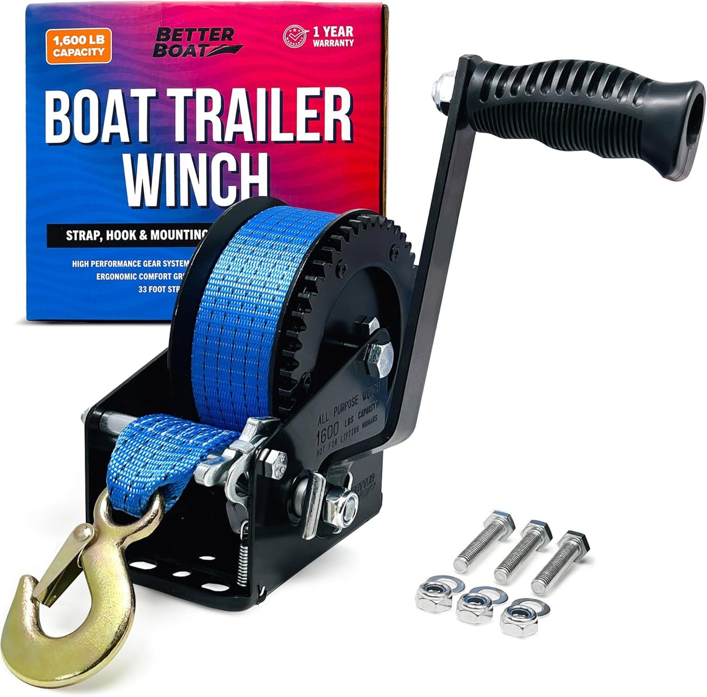 Boat Trailer Winch - Heavy Duty Manual Hand Crank with Strap & Hook | One-Speed Ratchet Gear for Towing Trailers & Boats