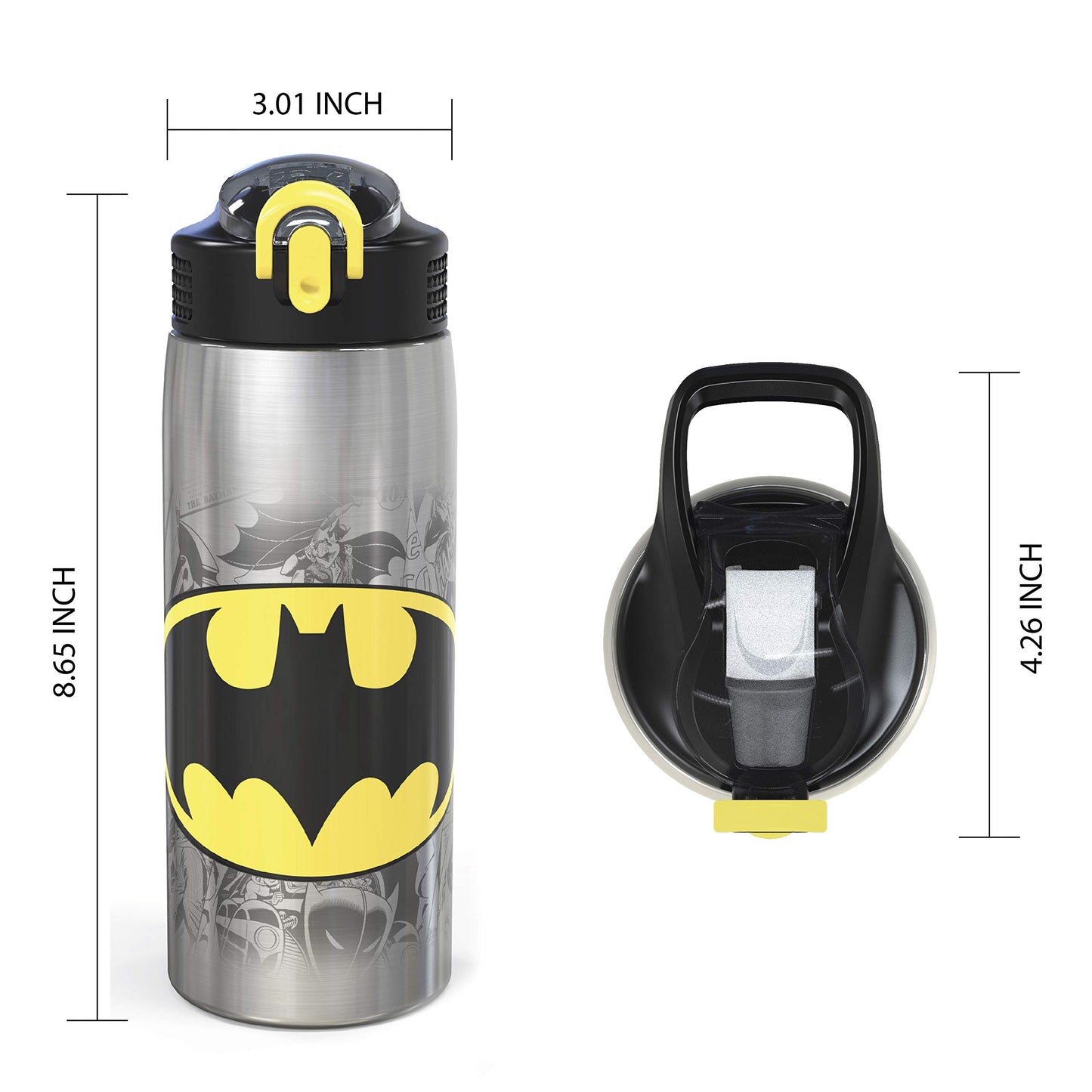 Zak Designs 27oz DC Comics 18/8 Single Wall Stainless Steel Water Bottle with Flip-up Straw Spout and Locking Spout Cover, Durable Cup for Sports or Travel (27oz, Batman)