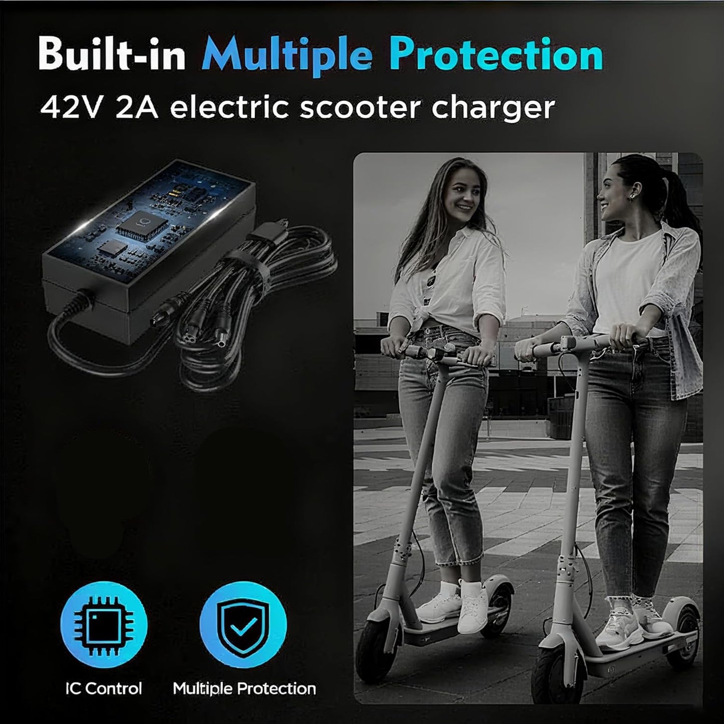 EVAPLUS 42V 2A Fast Charger | UL Certified with 5 Type Plugs for 36V Lithium Batteries - Compatible with Electric Scooters & Pocket Mod