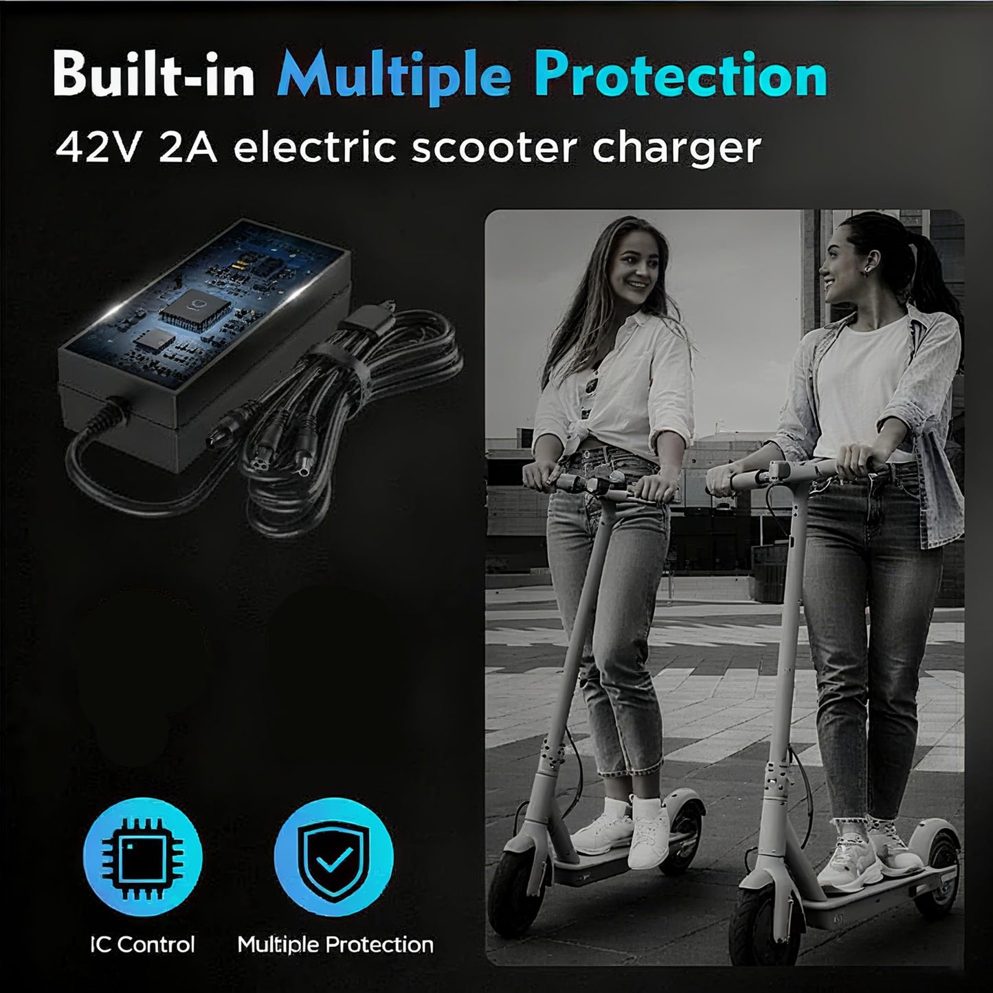 EVAPLUS SGS Certified 42V 2A Charger 3 Plugs(8mm 3-Prong, 5.5mm DC connectors and 8mm/0.31in one-Prong) Universal for 36V Lithium Battery