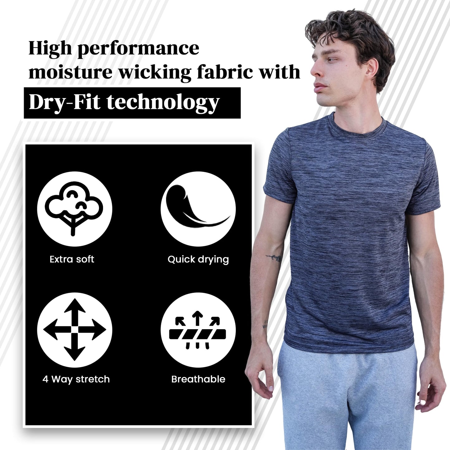 [5 Pack] Men’s Workout Short Sleeve Dry Fit T Shirts Quick Dry Active Athletic Crewneck Running Gym Moisture Wicking Tee Tops