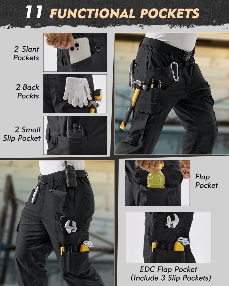 IGOLUMON Men's Stretch Tactical Pants Ripstop Cargo Work Pants for Men with 11 Pockets Lightweight Hiking EDC Pants for Construction & Outdoor Gear Black