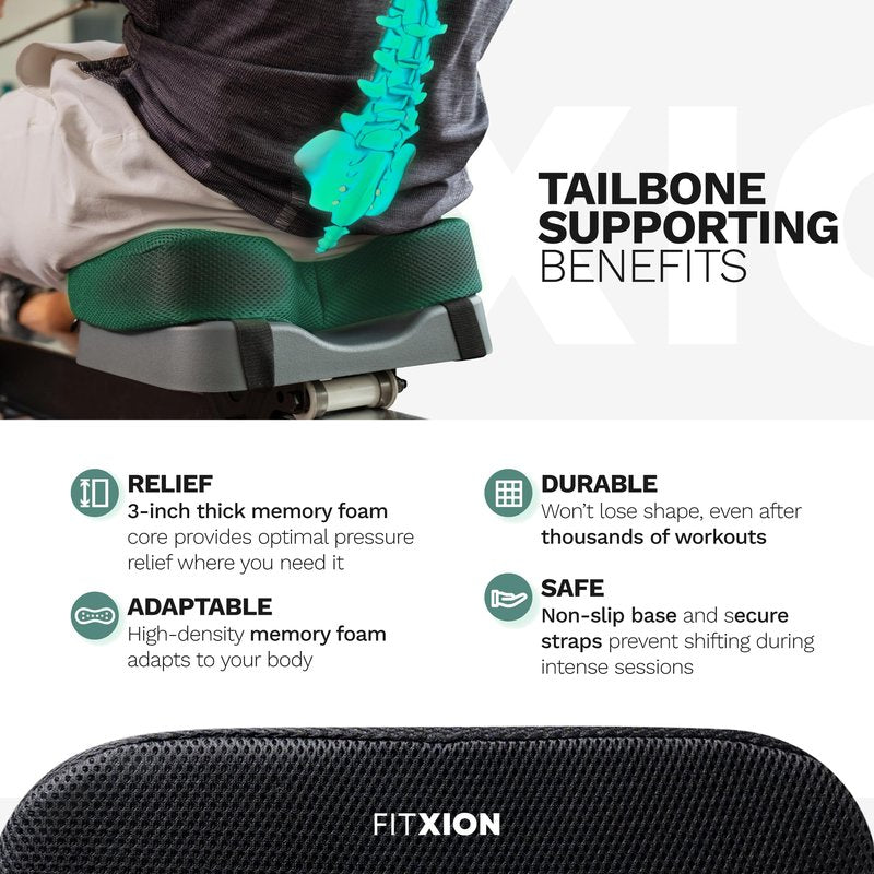 FitXion Rowing Machine Seat Cushion – Ergonomic Tail Bone Comfort Memory Foam Pad for Concept 2, Water Rower, Peloton or Recumbent Bike. Anti-Slip Base, Buckled Straps for Indoor Rowing Workouts
