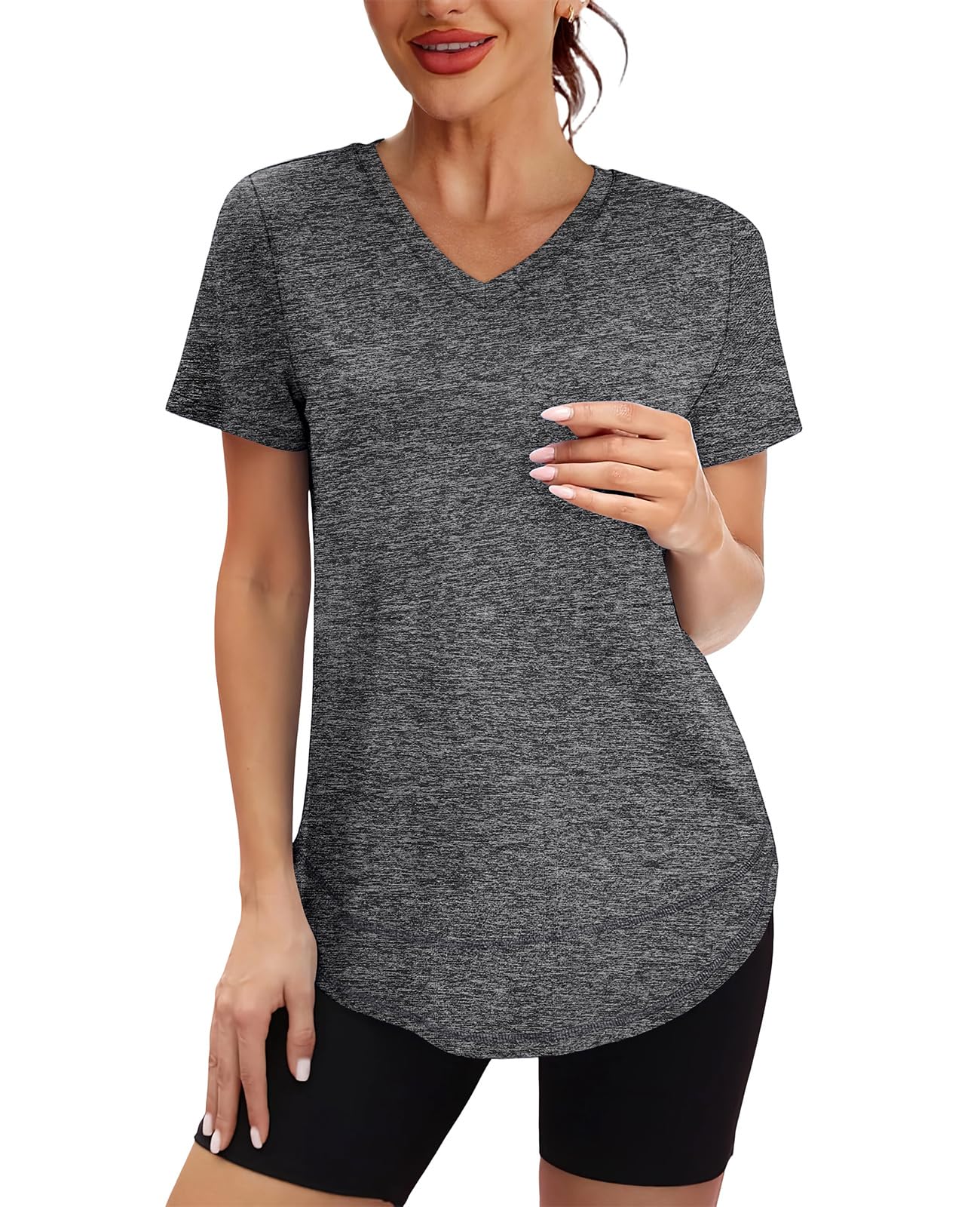 Summer Tops for Women 2026 Short Sleeve Workout Clothes Athletic Shirts Pilates Outfits Camisetas Deportivas para Mujer V Neck Dark Grey L