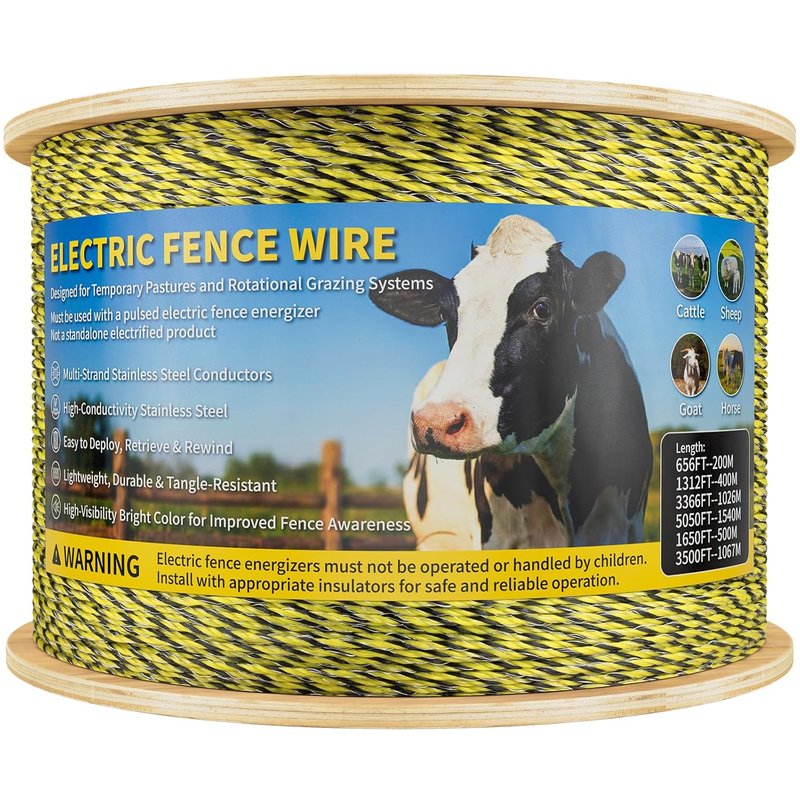 Electric Fence Wire - 5050 Ft Polywire with 6 Stainless Steel Strands for Reliable Conductivity | Ideal for Portable Livestock Fencing