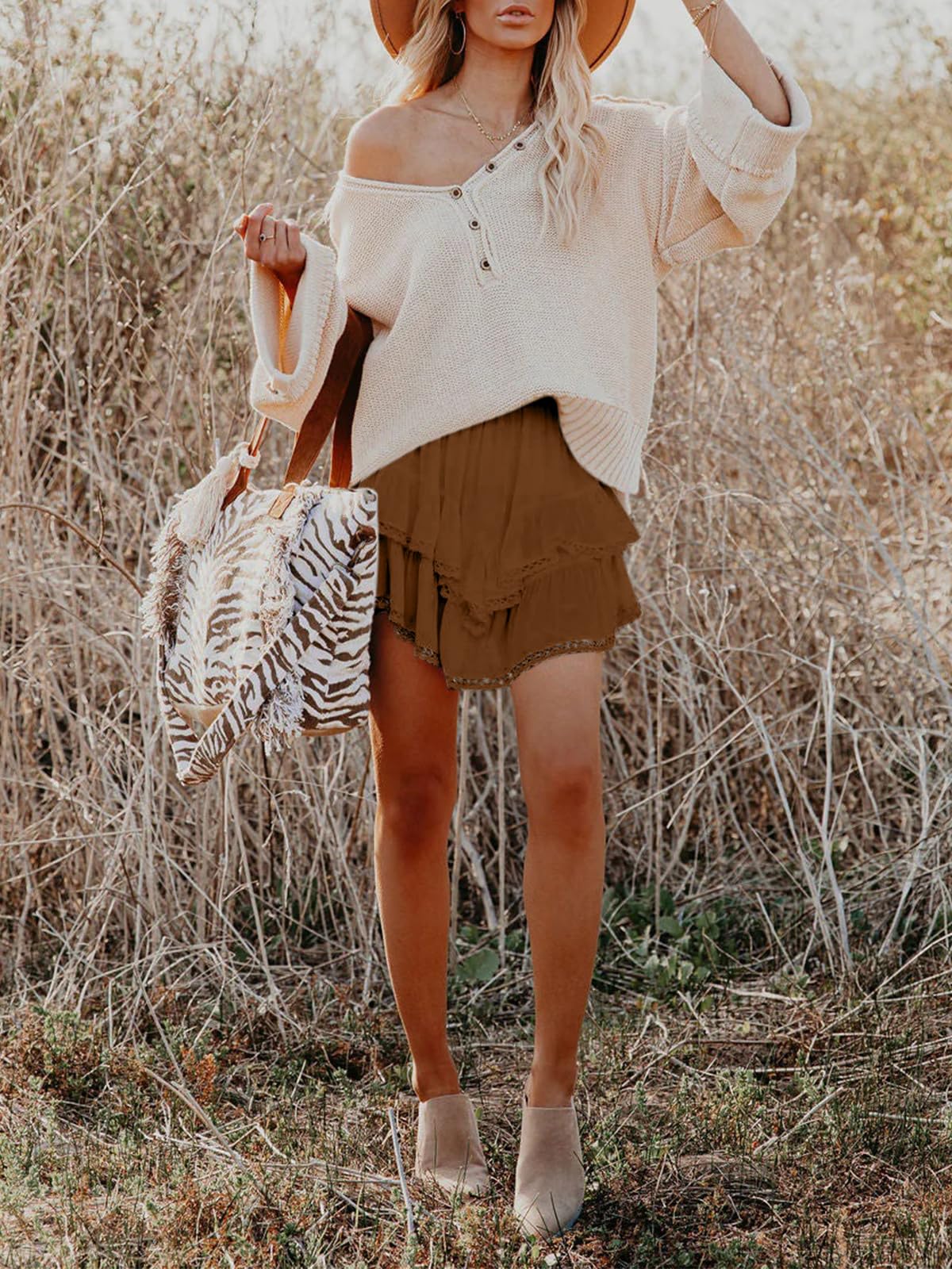 Aoudery Flowy Shorts for Women Casual Boho Ruffle Tiered Skorts High Waist Mini Skirts Golf Tennis Butterfly Crochet Shorts - Brown XL