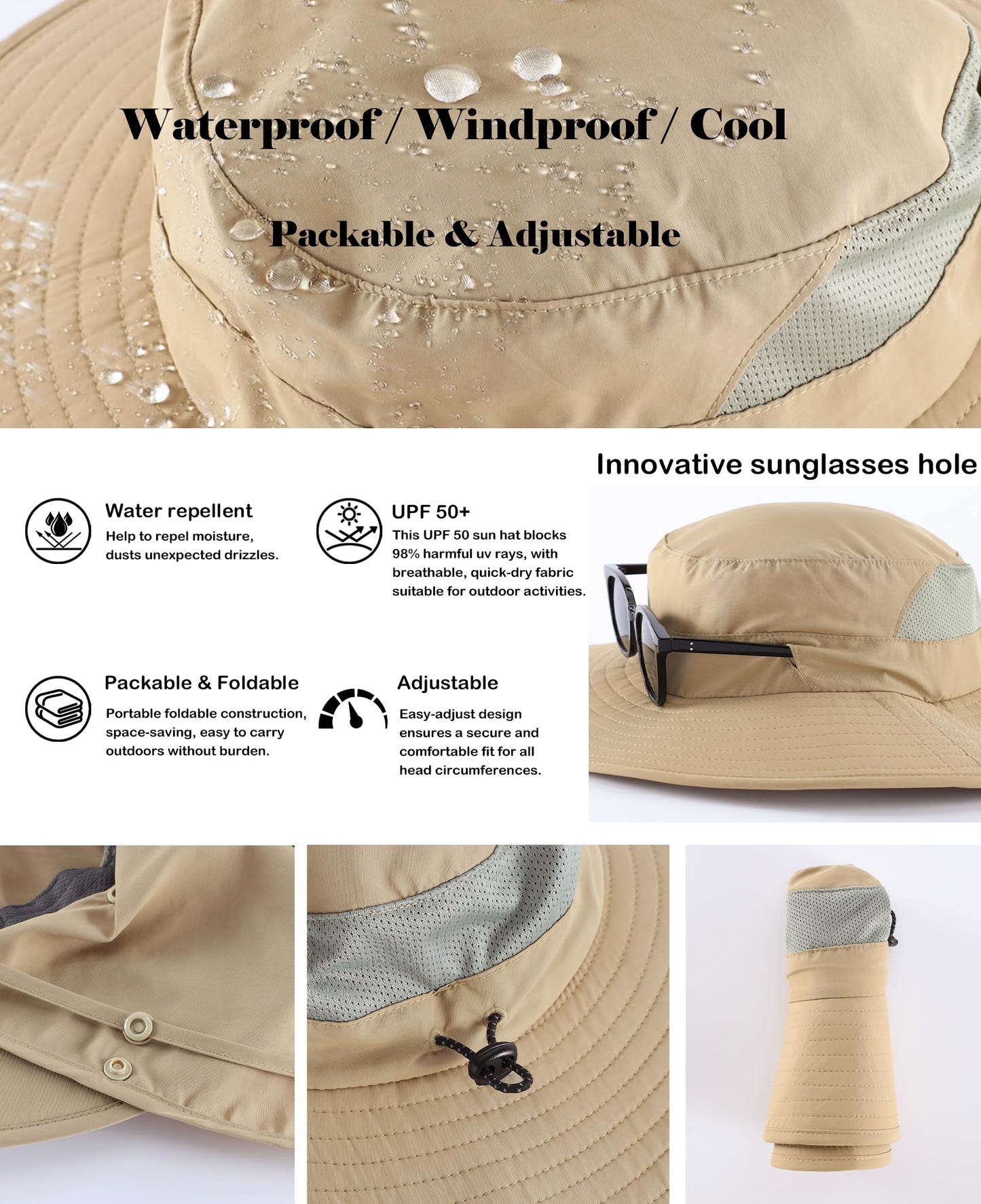 Home Prefer UPF 50+ Wide Brim Sun Hat with Neck Flap for Men Women UV Protection Bucket Hat for Fishing Gardening Hiking Beach Safari Khaki