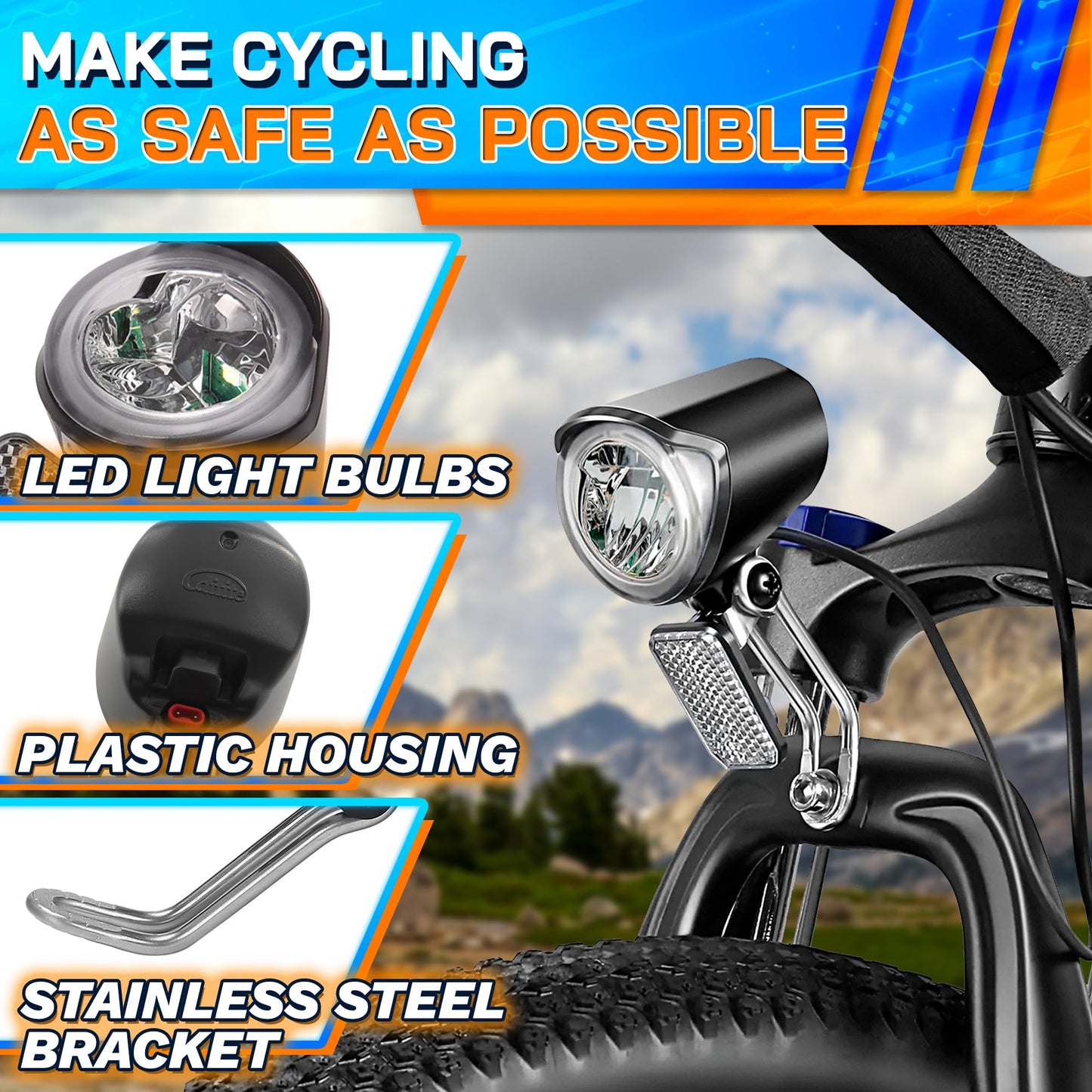 Headlight for Ebike 2 Pin Connector 6-60V - Easy to Install Ebike Light with LED Bulb and Reliable Stainless Steel Bracket, 20 Lm Lights Output, Weather Resistant - E Bike Light for Night Riding