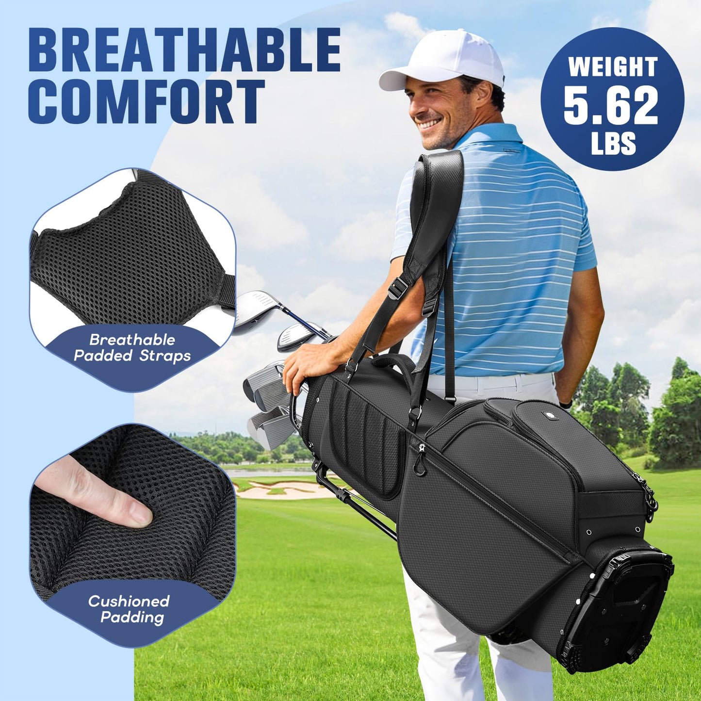 RIOROO 5 Way Golf Stand Bag with Full Length Dividers, Lightweight Golf Bag with Rain Cover, 6 Zippered Pockets & Cooler Bag, Breathable Straps