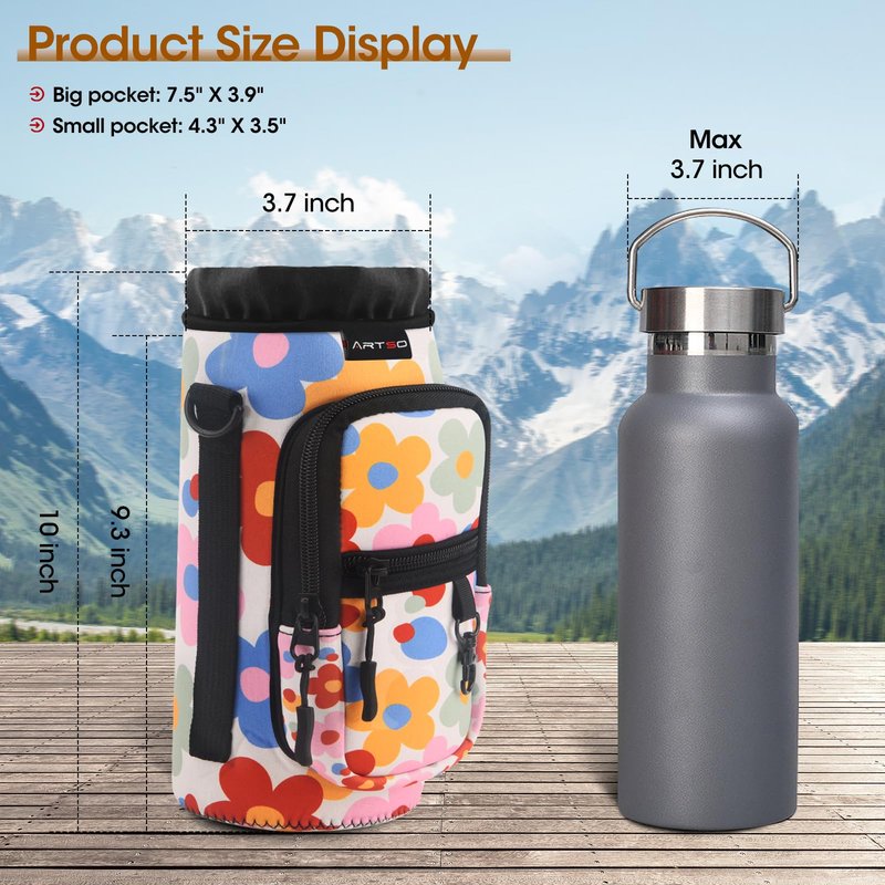 ARTSO Water Bottle Carrier Bag with Phone Pocket, Neoprene Sleeve Water Bottle Holder Sling Bag Pouch with Adjustable Strap 25/32/40/64 oz for Walking Hiking Camping Gym(32oz, Colorful Flowers)