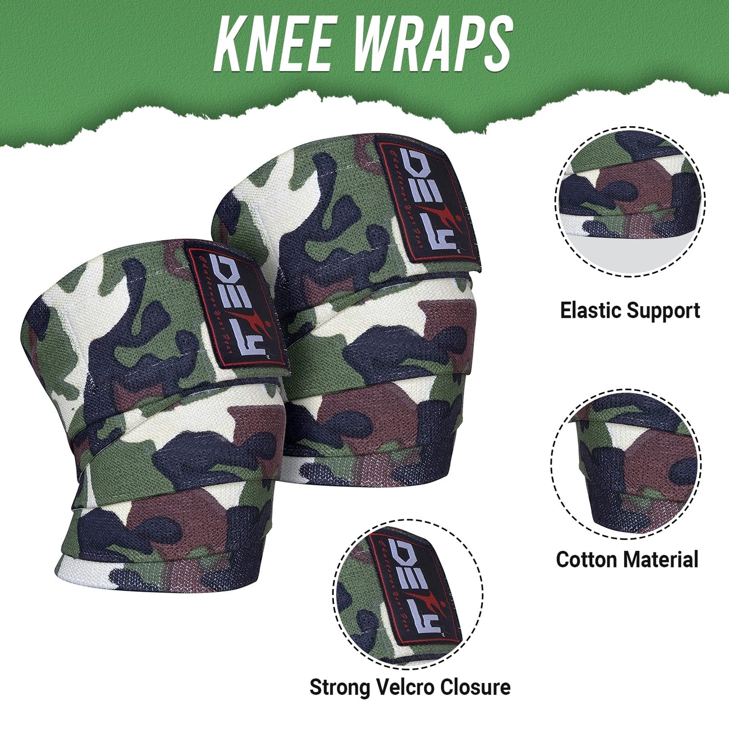 DEFY Sports' Knee Wraps for Weightlifting - Provides Knee Support for Powerlifting, Squats & Fitness Workouts - Ideal Knee Wrap for Men and Women  (1 PAIR) (Green Camo)