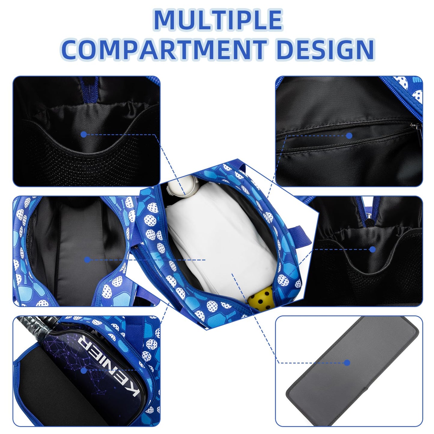 ROYALFAIR Pickleball Bag, Large Capacity, Adjustable Shoulder Strap, Neoprene, Blue
