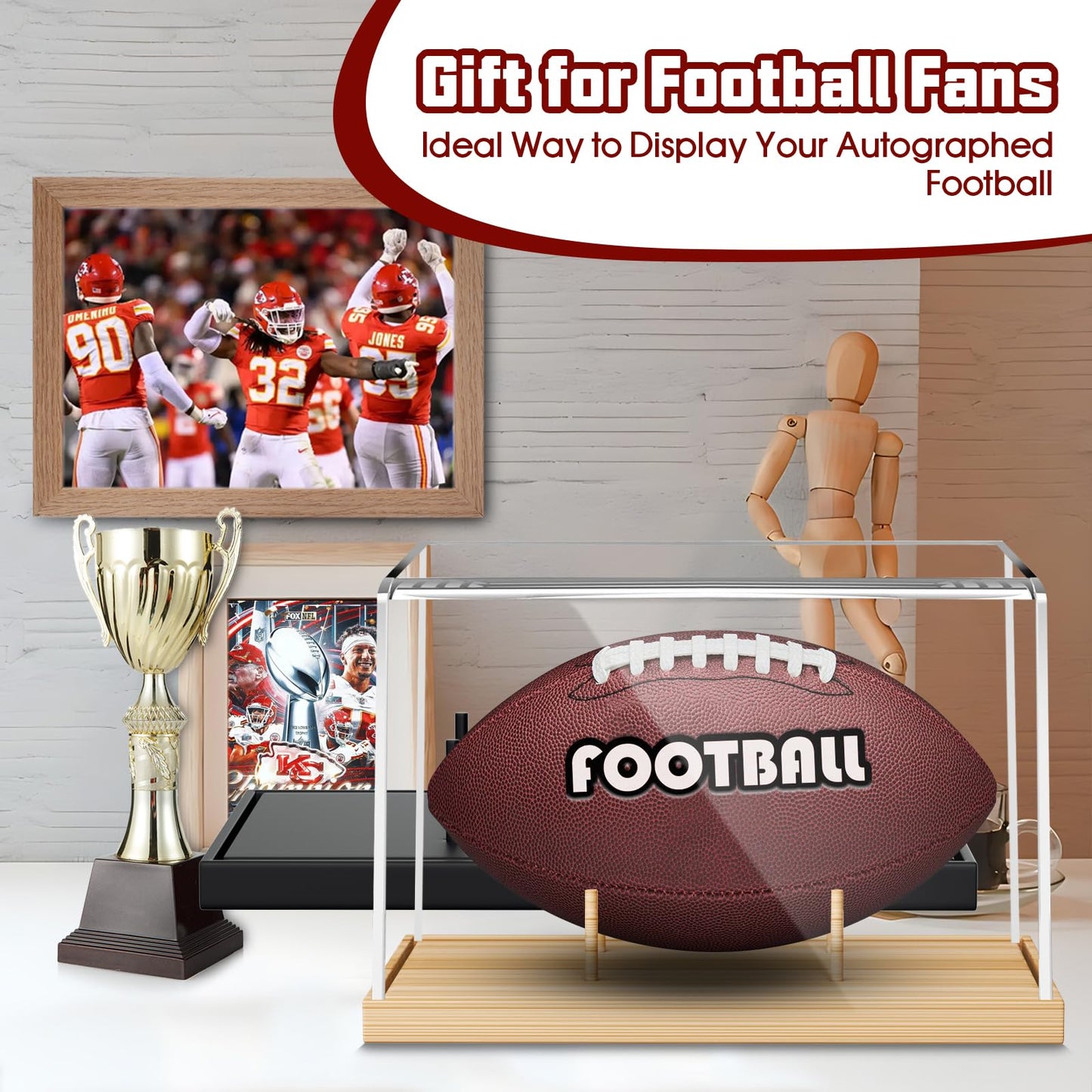 KKU Football Display Case, Acrylic Football Case with Wooden Base One-piece Design, Autographed Football Holder for Football Fans & Collectors, Sports Collectibles, No Assembly Required - Original