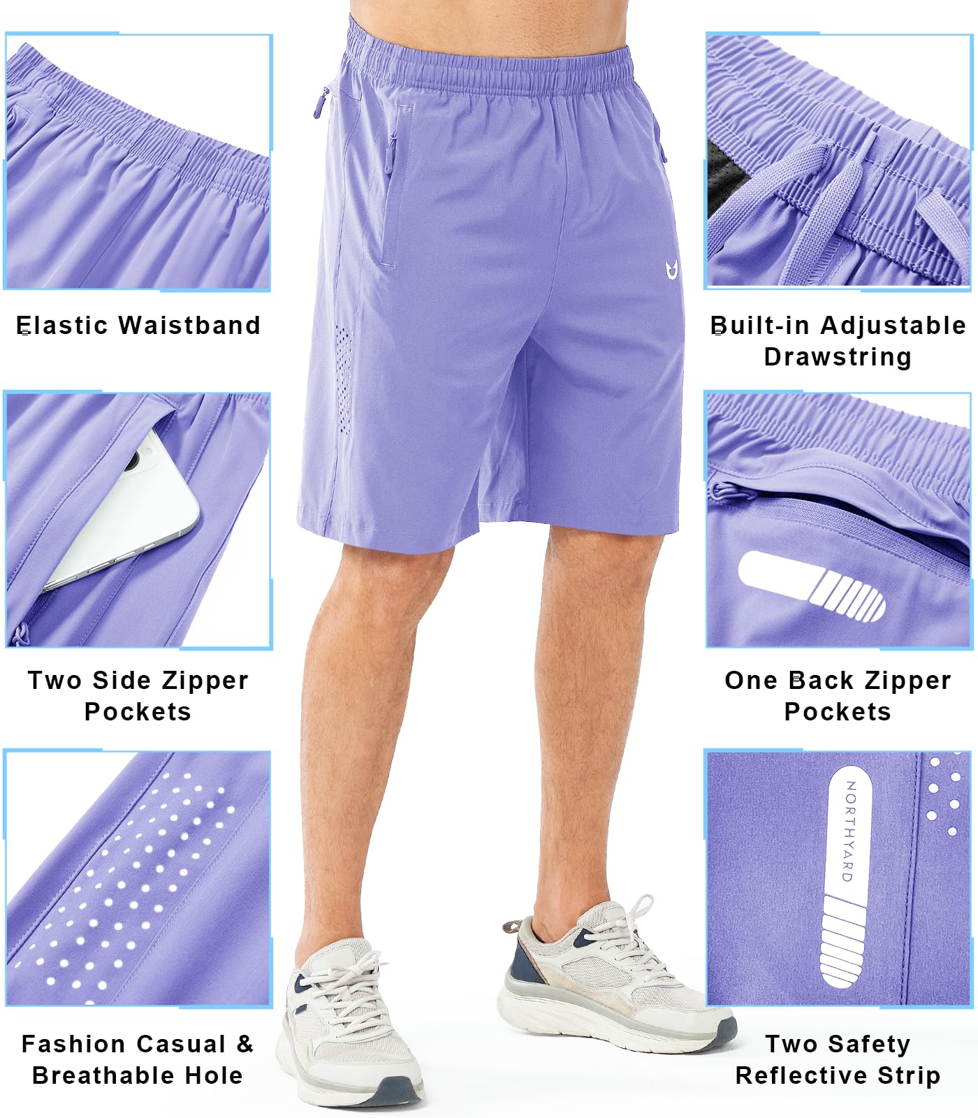 NORTHYARD Men's Athletic Running Shorts Gym Workout 7"/9"/5" Quick Dry Lightweight Sports Basketball Tennis 3 Zipper Pockets VIOLET-9inch 4XL