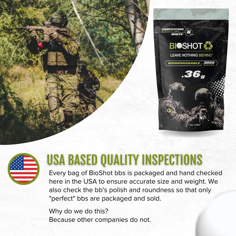 BioShot Biodegradable Airsoft BBS - .36g Super Slick Seamless Sniper Weight Competition Match Grade for All 6mm Airsoft Guns and Accessories (3000 Rounds, White)