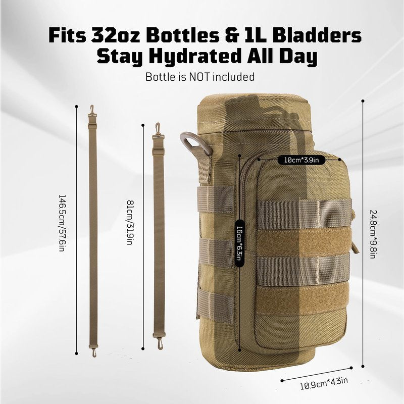 OneTigris MOLLE Water Bottle Pouch, 32oz Tactical Water Bottle Holder with Front Pocket & Detachable Shoulder Strap, 1000D Nylon Bottle Carrier for Hiking, Camping, Backpack & Belt Carry