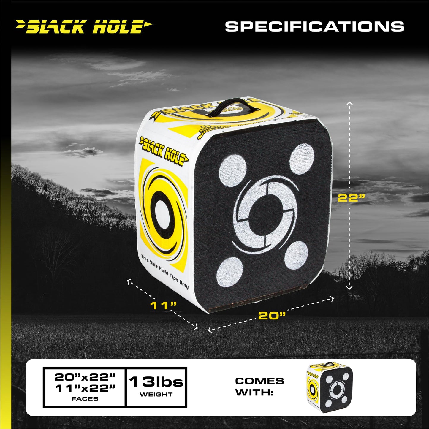 Black Hole 4-Sided Archery Target, 22" x 20" x 11", 300 FPS, Uses Friction Not Force to Stop All Field Points and Broadheads, Open-Face Layered Design, Lightweight and Carry Strap for Portability