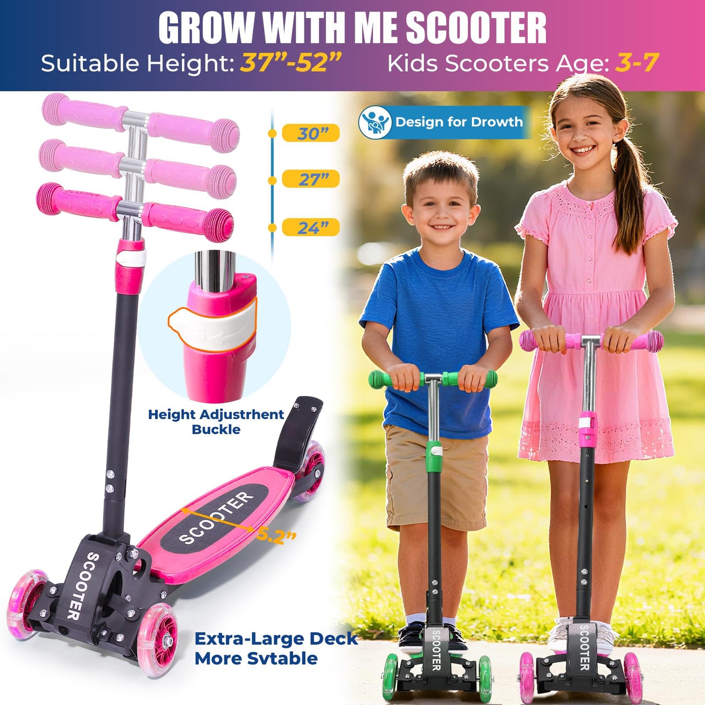 Kids 3-Wheel Kick Scooter – Adjustable Height, Gravity Steering, & LED Wheels, Foldable for Travel, Durable Metal Frame Supports up to 180 lbs