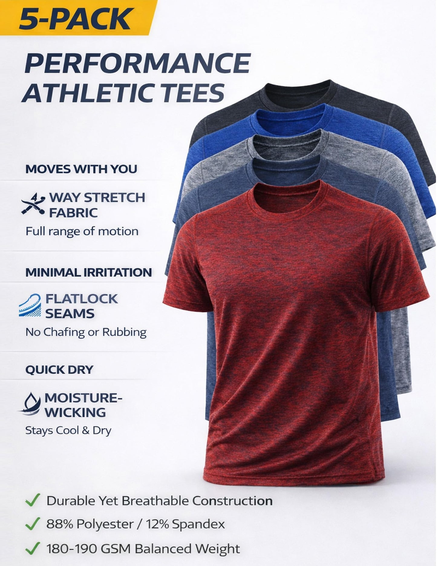 5 Pack Men’s Active Quick Dry Crew Neck T Shirts | Athletic Running Gym Workout Short Sleeve Tee Tops Bulk (Set 1, Large)