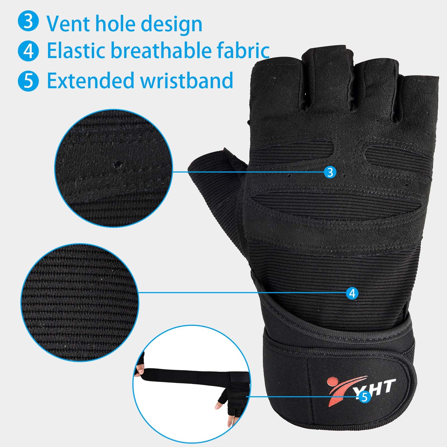 YHT Workout Gloves, Full Palm Protection & Extra Grip, Gym Gloves for Weight Lifting, Training, Fitness, Exercise (Men & Women) (Half Finger Black, Medium)