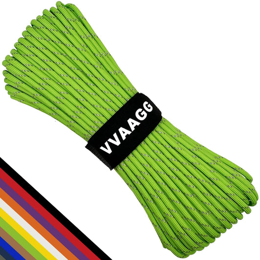 VVAAGG Reflective Paracord Rope 100FT, 7 Strand Nylon para Cord Lanyard Utility 550 Parachute Cord, 4mm Thin Tent Rope for Outdoor Camping Hiking (Neon Green)