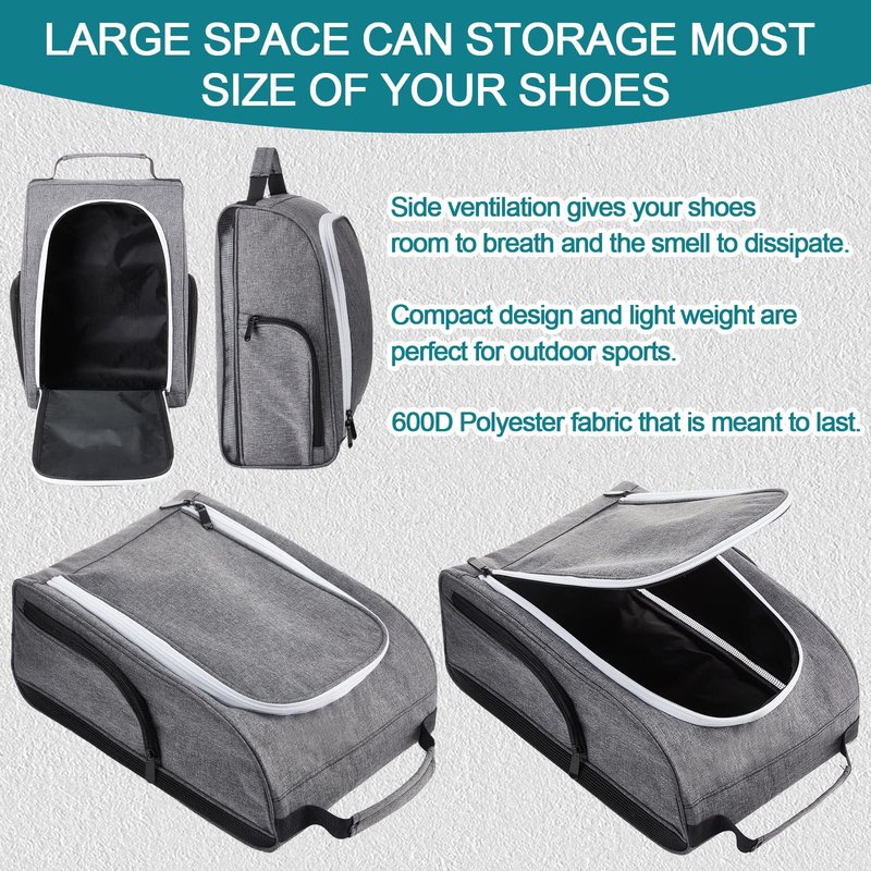 Funtery 2 Pcs Golf Shoe Bag for Travel Zippered Sports Shoe Carrier Tote Bags Golf Accessories with Ventilation Outside Pocket for Balls Tees Socks Accessories Men Women(Black, Gray)
