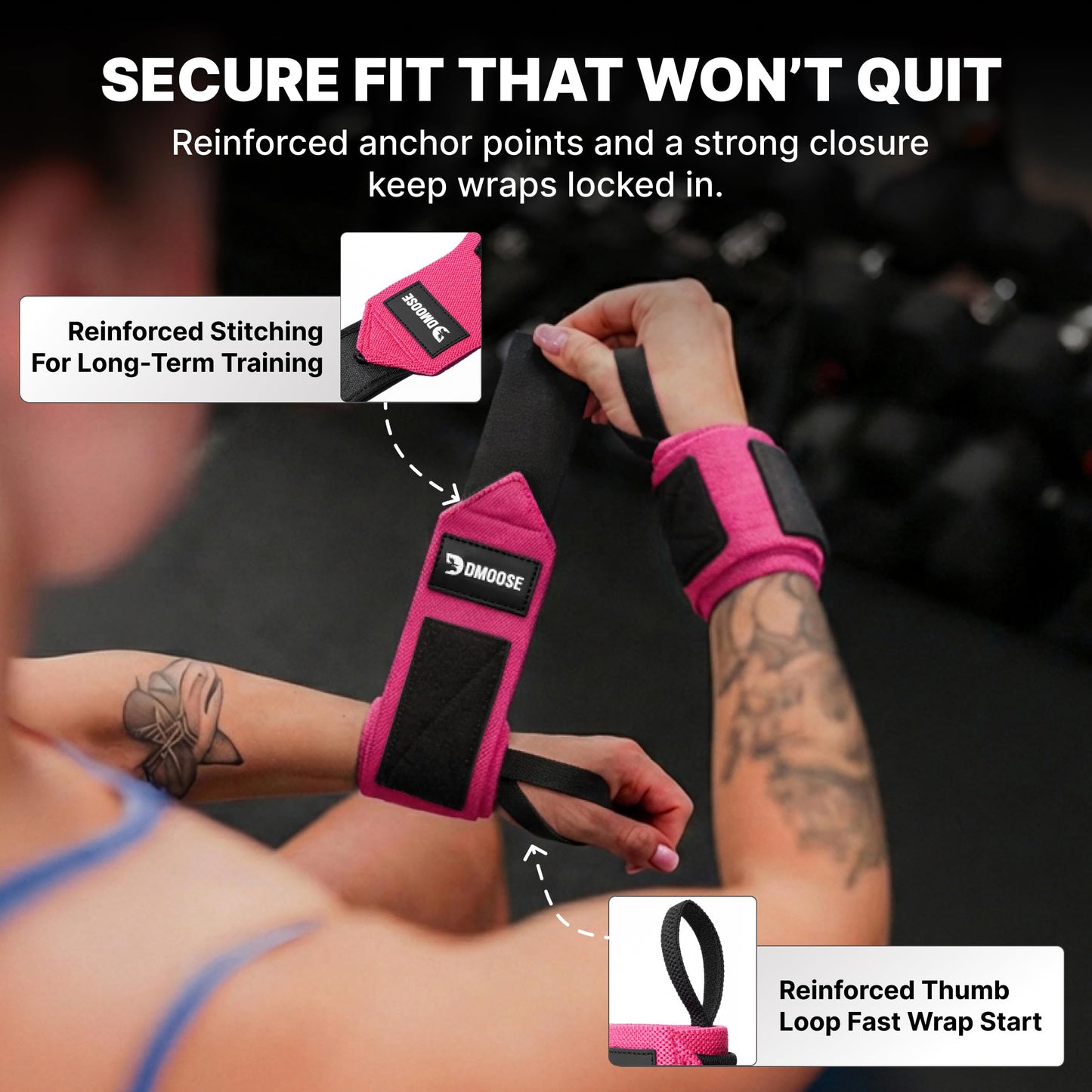 DMoose Wrist Straps for Weightlifting 12 and 18 Inches Thumb Loops with Wrist Support for Workouts Powerlifting Wrist Straps for Weight Lifting Men and Women Pink