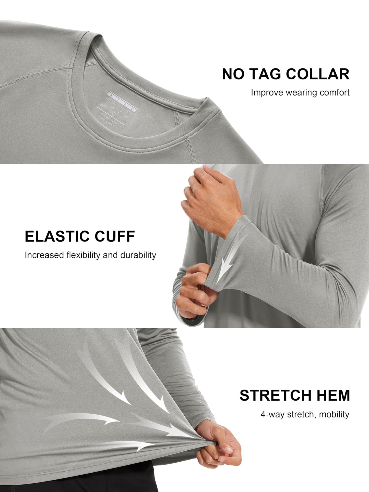 Rashguard for Men Long Sleeve Shirts UV Shirts Sun Shirts Running Shirts Workout Shirts Fishing Shirts Hiking Shirts UPF 50 Shirts Grey
