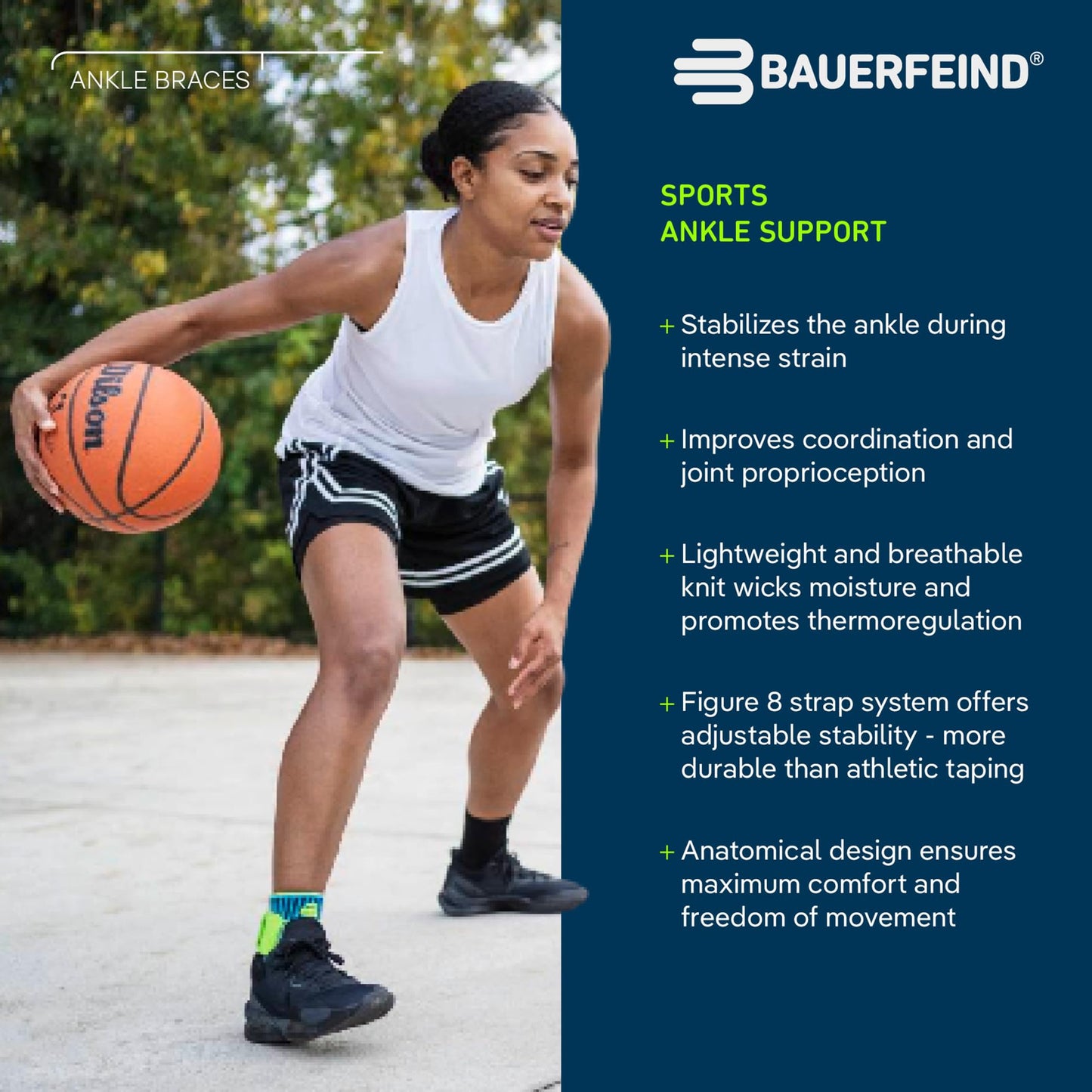 Bauerfeind Sports Ankle Support - Ankle Brace for Stabilization & Protection - Figure-8 Taping Strap - Targeted Compression - Lightweight & Durable (Rivera, Medium/Left)