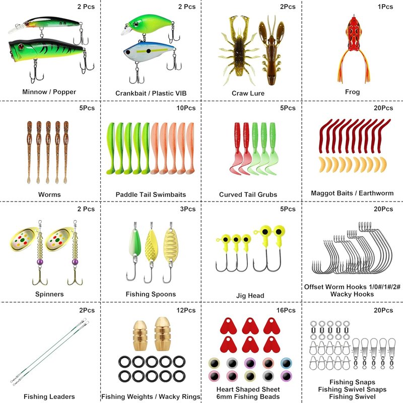 Complete Fishing Lures Kit - Tackle Box with Crankbaits, Minnows, Frogs & More | Bass, Panfish, Trout Accessories