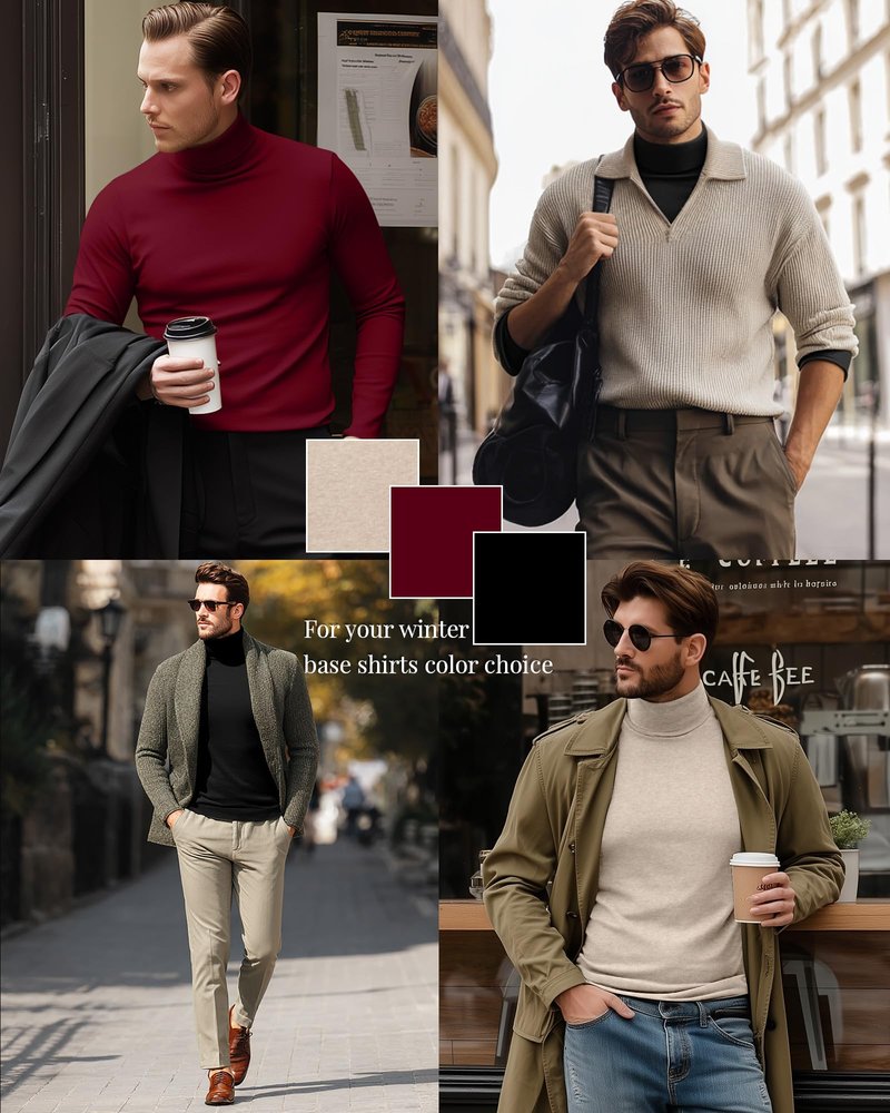 Ficerd 3 Pack Men's Turtleneck Shirts, Long Sleeve Cotton Pullover Sweaters Mock Neck Knitted T Shirt Basic Slim Fit Tee Tops (Black, Apricot, Red,Small)