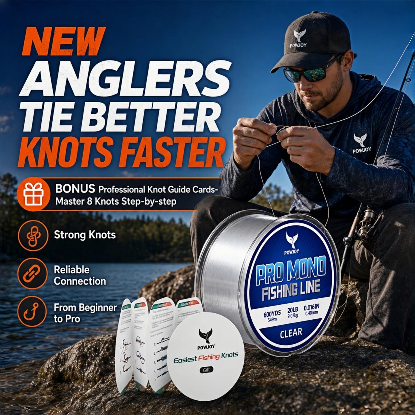 POWJOY 20lb Clear Monofilament Fishing Line 600Yds, No‑Tangle Snap Ring, Low-Stretch Nylon Mono String with Knot Guide, Invisible Underwater & Abrasion Resistant, Multi purpose for hanging decorations