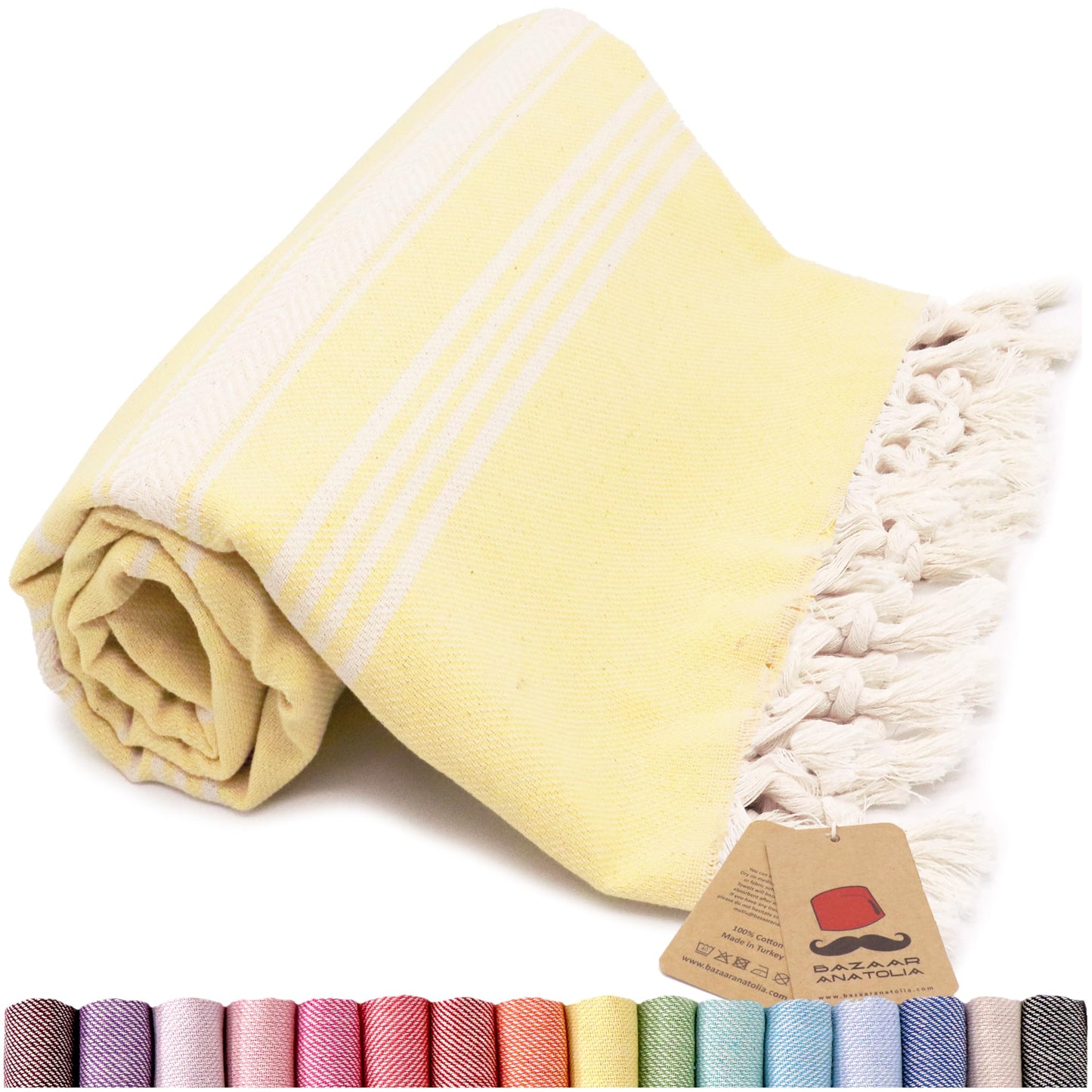 Bazaar Anatolia Turkish Beach Towel, 100% Cotton, 71x39 in, Stripe Yellow