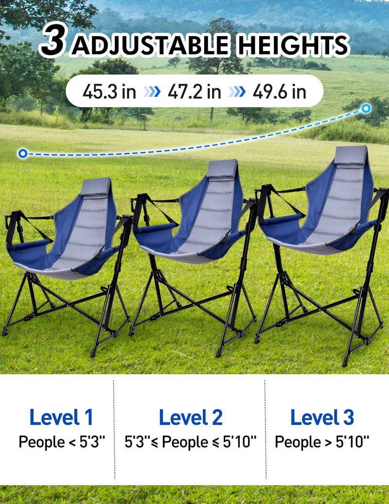 Docusvect Hammock Camping Chair - 3 Heights Portable Hammock Chair Camping with Adjustable Backrest, Headrest, Padded Seat, Cup Holder - 450 LBS Heavy Duty