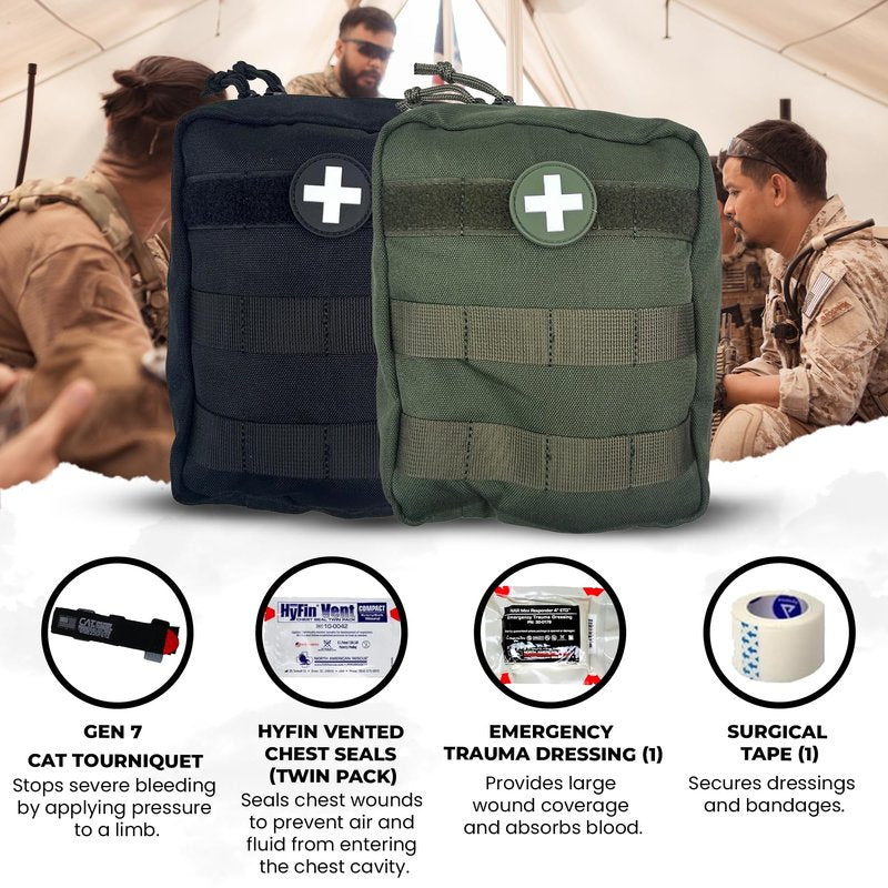 IFAK (Individual First Aid Kit) Trauma Kit with CAT Tourniquet — Medical Pouch for Tactical, Outdoor, Hiking, Military — Backpacking Emergency Medical Kit for Bleeding Control (Black)