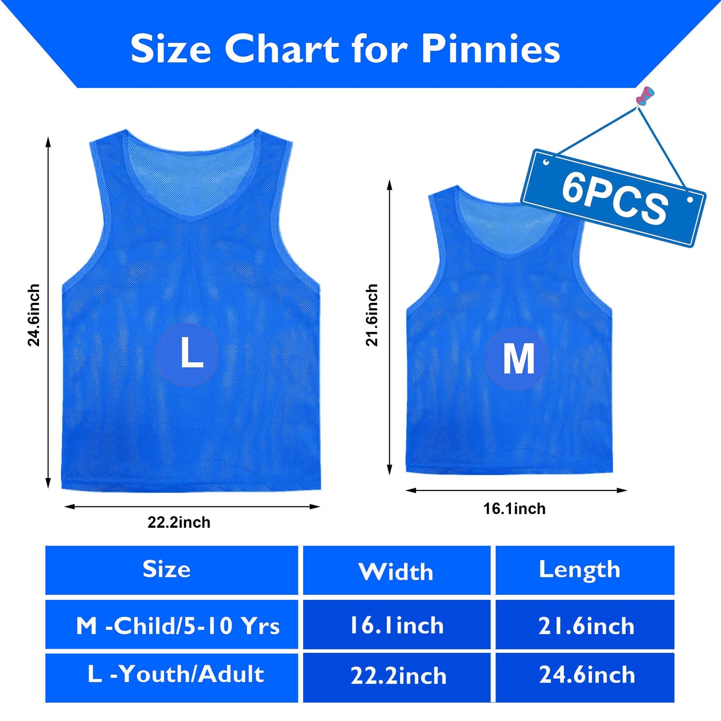 PVOSEW Pinnies Set of 6,Mesh Practice Jersey Scrimmage Vest Team Football Soccer Training Bibs for Sports Adult Child Youth (Blue, Child/5-10 Years)