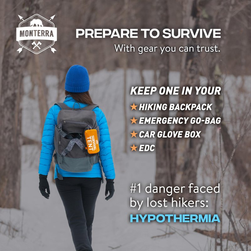 Monterra Emergency Tent, 2 Person Survival Shelter, Thermal Mylar, Waterproof, Outdoor Camping Gear and Equipment, Survival Kits, Compact Bivvy Tarp, includes Paracord and Accessories.