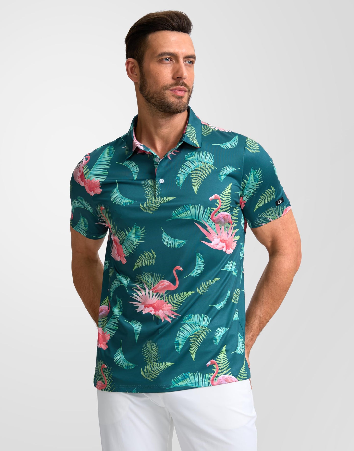 Obla Mens Golf Polo Shirts Short Sleeve Dry Fit Performance Moisture Wicking Casual Print Collared Golf Shirts for Men(Green Flamingo_XXL)