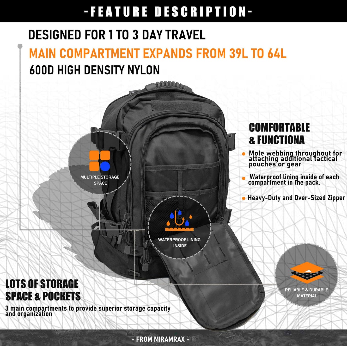 Miramrax Tactical Backpack Military Army Daypack - Assault Pack for Men Molle Backpacks Bug Out Bag 3 Day Pack for Hiking Camping Travel Hunting Rucksack Trekking Black