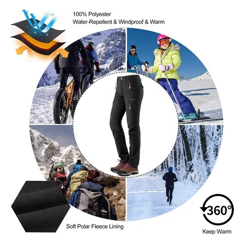 KUTOOK Women's Windproof Fleece Lined Hiking Pants Softshell Cargo Pants with Multiple Pockets Black XX-Large