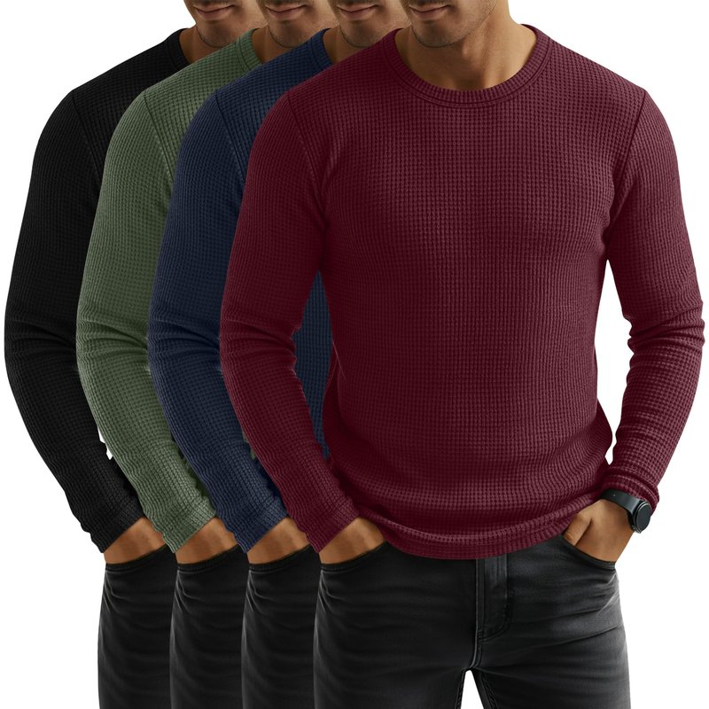 Baggyfly 4 Pack Men's Waffle Long Sleeve Shirts Crew Neck T-Shirts Casual Thermal Tops Lightweight Undershirts(Black, Army Green, Navy Blue, Wine Red,X-Large)