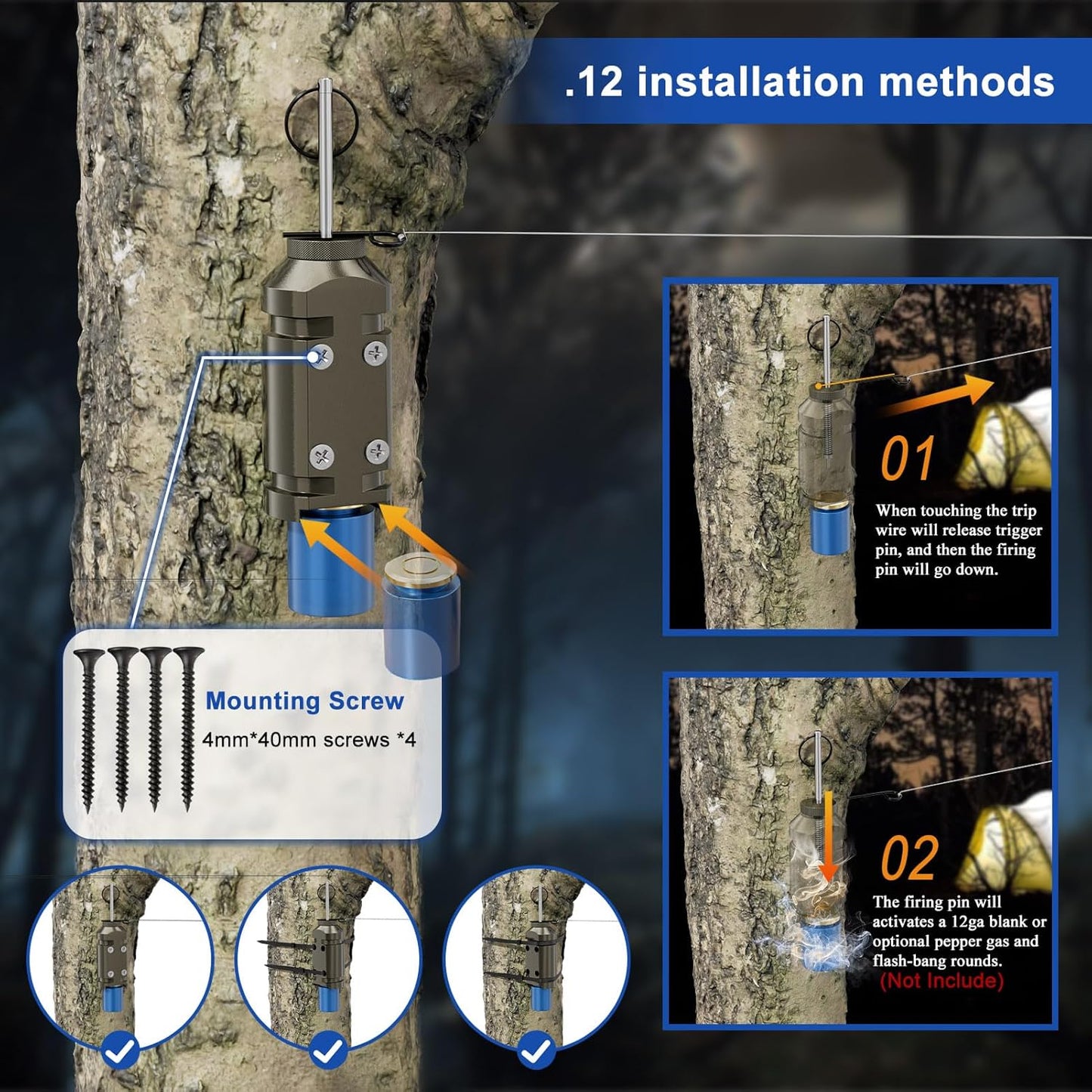 Upgraded Perimeter Trip Alarm - 12 Gauge Camping Trip Wire Security System | 2 Pack with .22 Adapter for Outdoor Safety