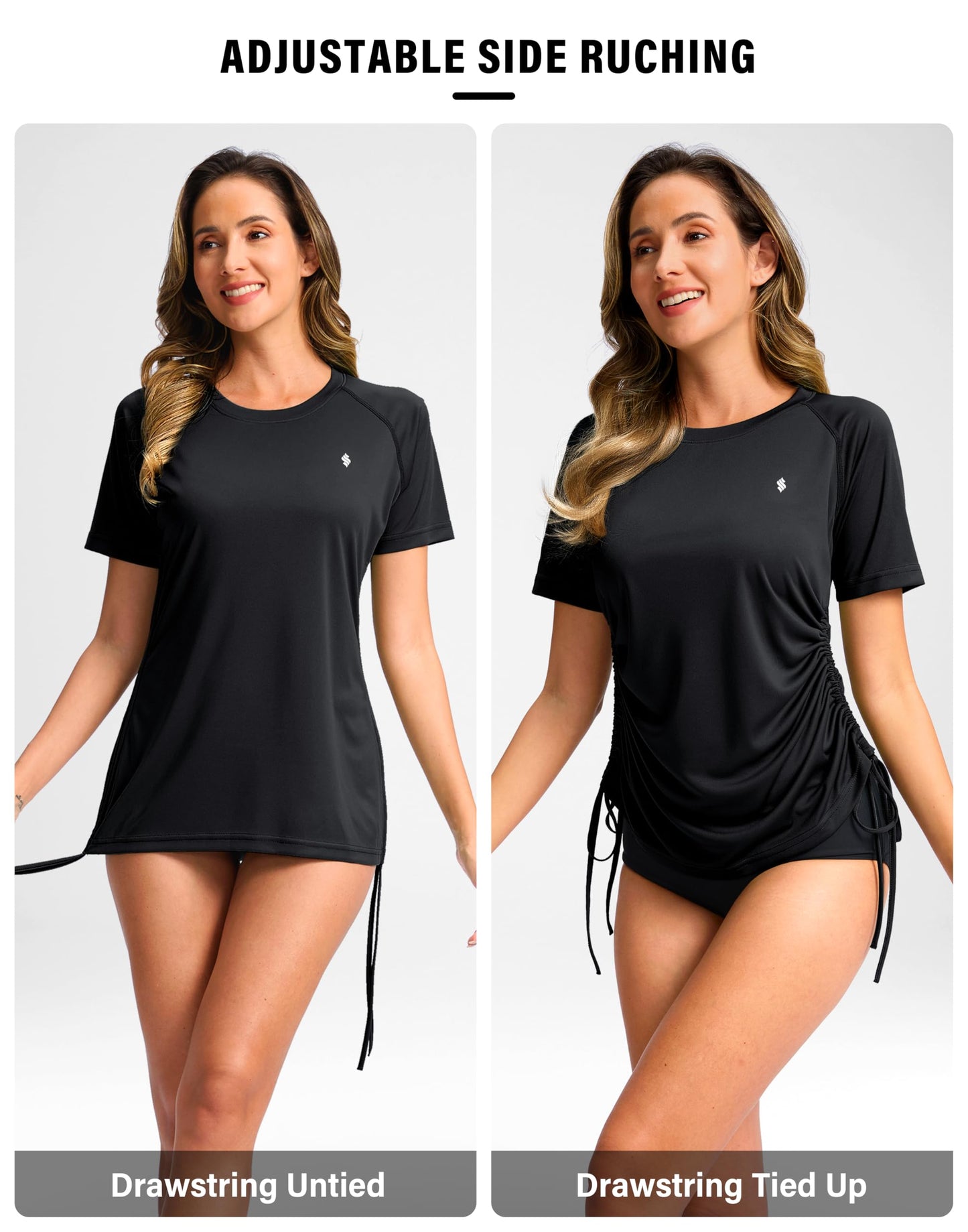 Soothfeel Women's Swim Shirt UPF 50+ Short Sleeve Rash Guard SPF UV Sun Protection Swimming Swimsuit Bathing Suit Top Only Black L