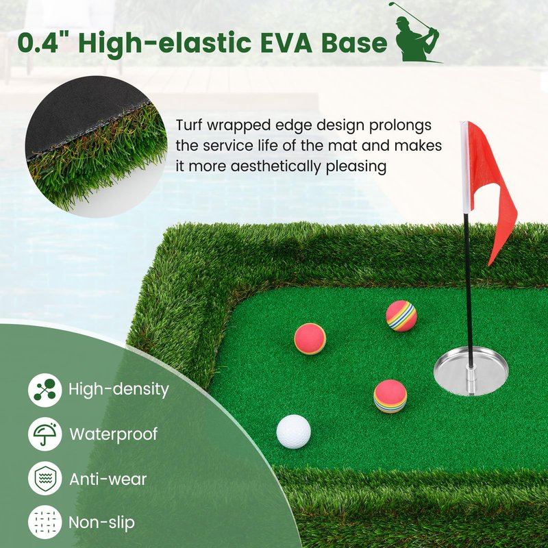 Tangkula Floating Golf Green for Pool, Rectangular Floating Chipping Green Includes Hitting Mat, 6 Balls, Flag, Cup & Tee, Training Mat, Outdoor Pool Golf Game