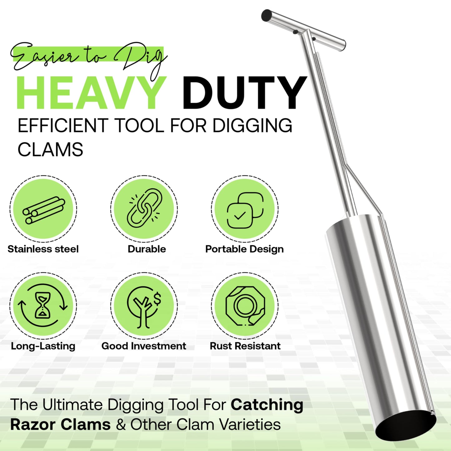 SturdyShape Premium Clam Gun for Clamming Stainless Steel with Vent V4 28 Inch and 5 Inch Tube Diameter HD for Recreational Clam Diggers & Harvesters